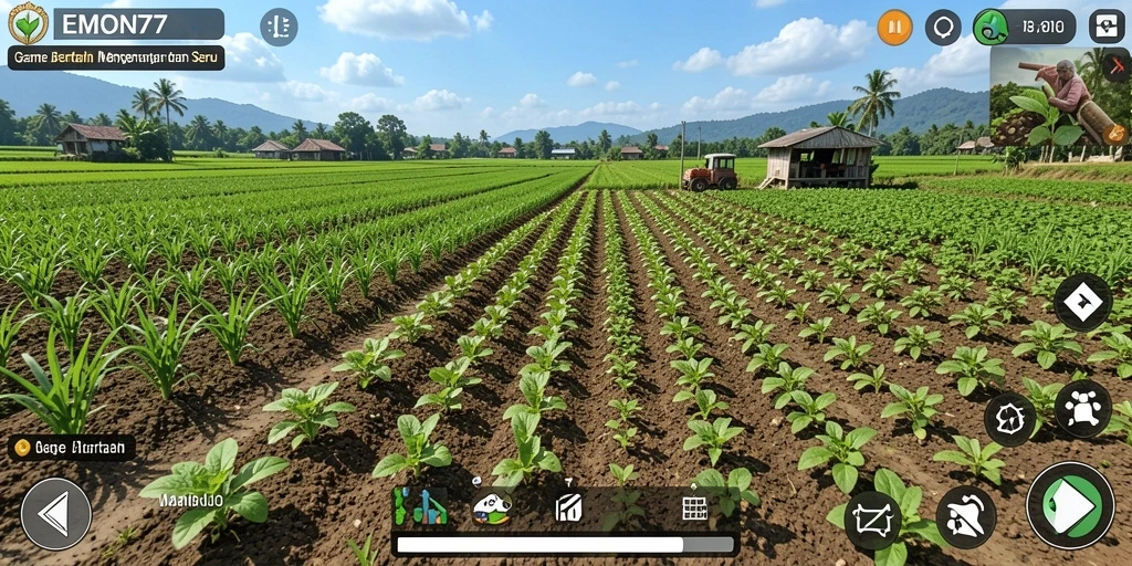 Screenshot EMON77 yang menunjukkan gameplay bertani yang menarik.