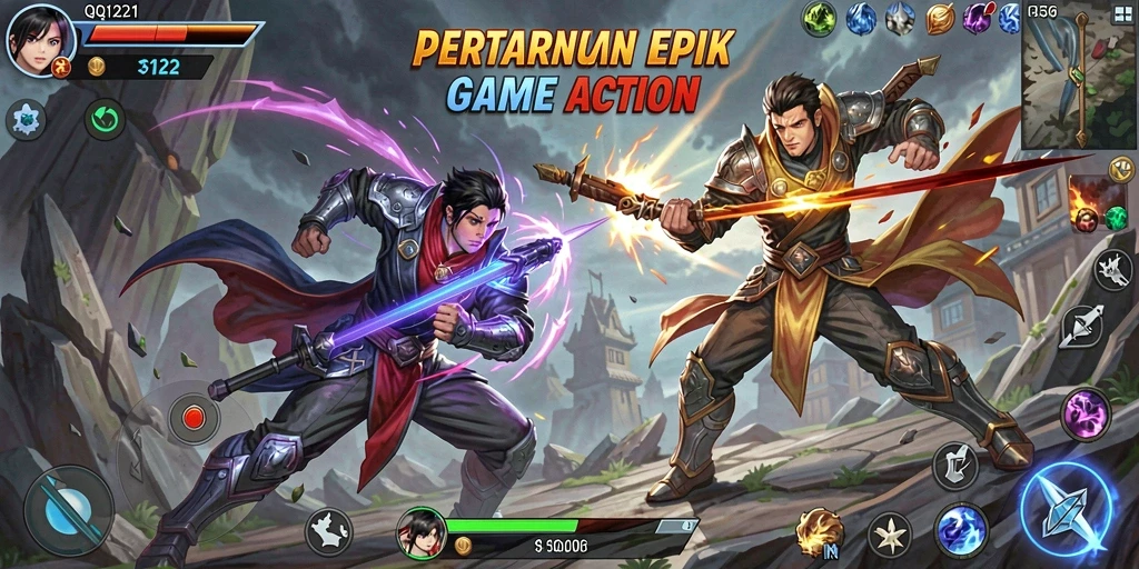 Screenshot QQ1221 menunjukkan aksi pertarungan yang mendebarkan.