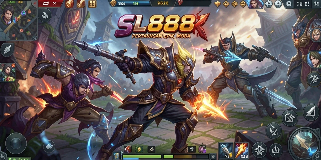 Screenshot gameplay SL888 yang menunjukkan pertarungan antar hero.