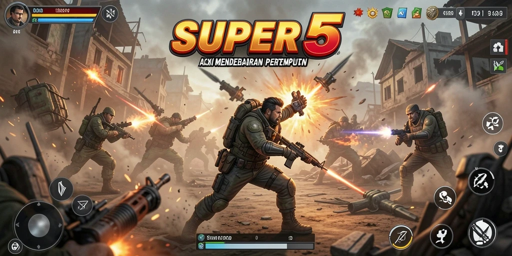 Tangkapan layar gameplay SUPER5 yang menunjukkan aksi seru di medan perang.